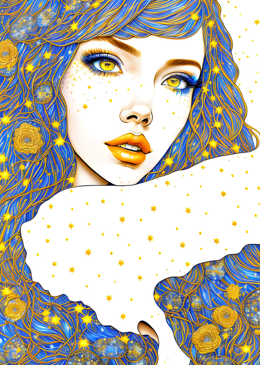 Starry woman with golden blue hair and yellow eyes on white background