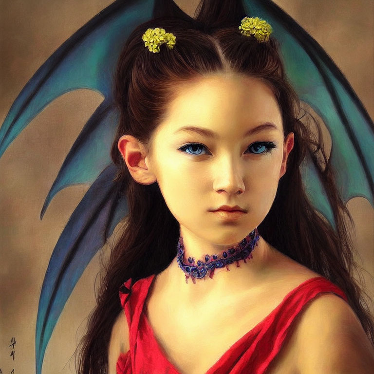 Portrait of young girl with dragon wings, pointed ears, blue eyes, red top, choker,