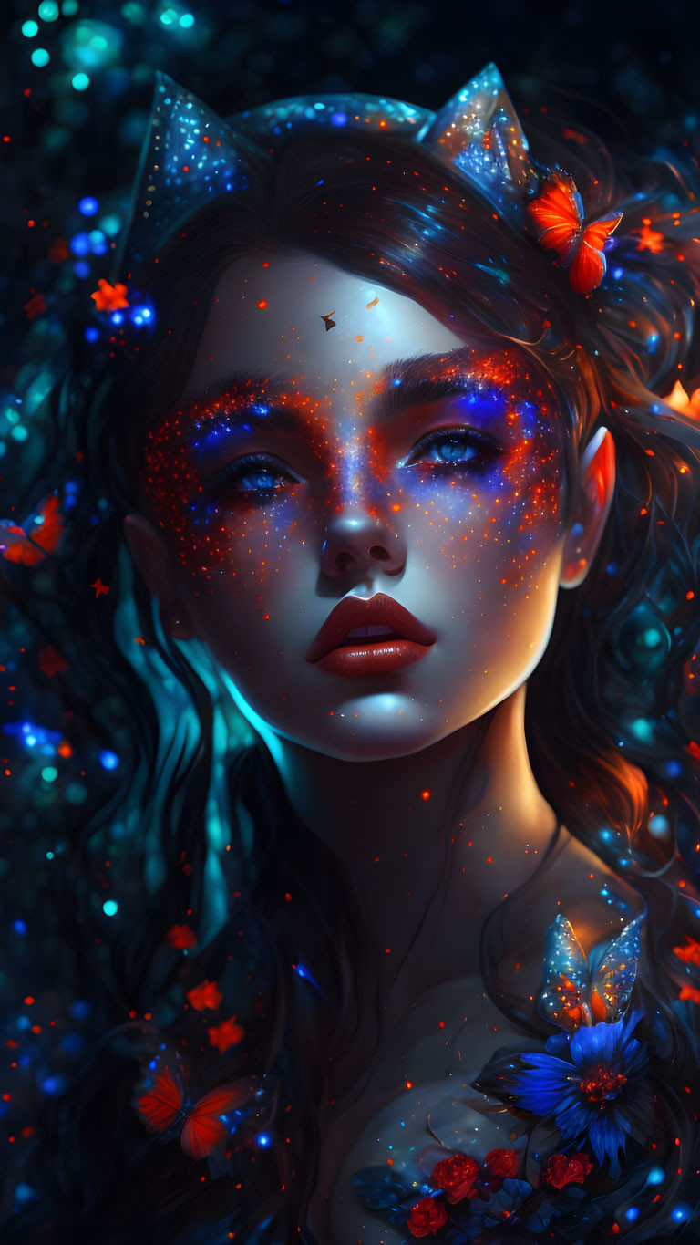 Mystical woman with galaxy makeup, cat ears, butterflies, and glowing elements