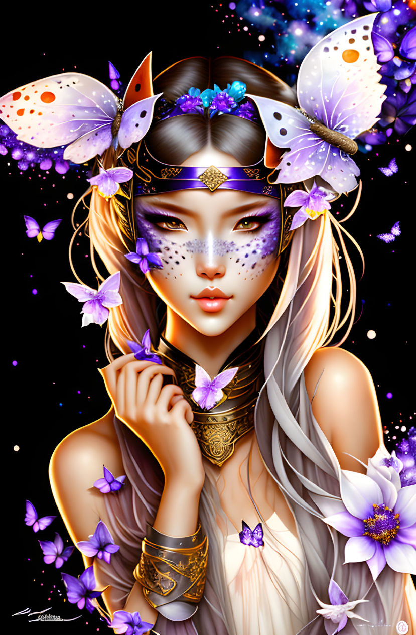 Illustration of woman with butterfly motifs and floral headpiece in dark setting