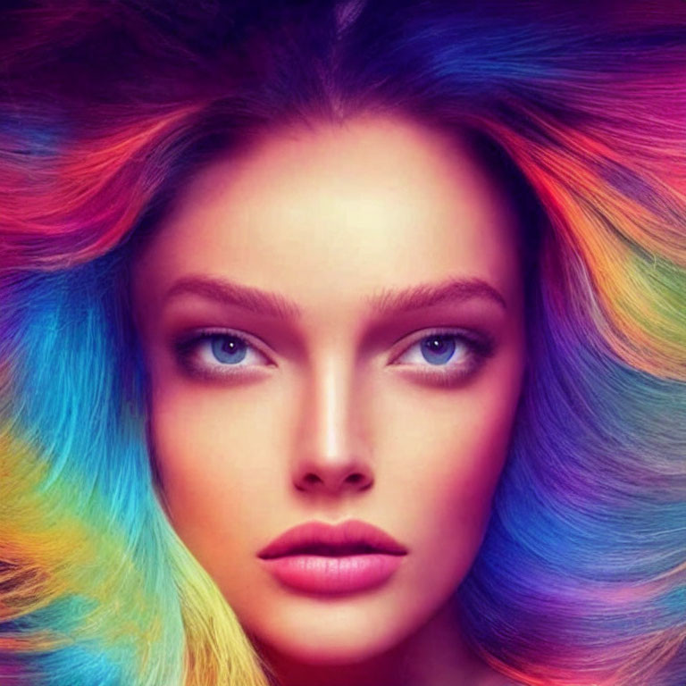 Vivid Rainbow-Colored Hair on Woman with Striking Gaze