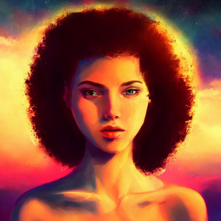 Digital portrait of woman with afro in vibrant sunset background