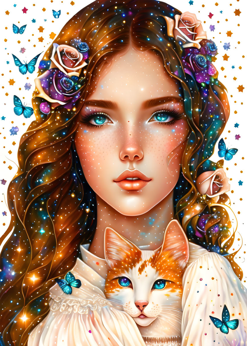 Detailed digital illustration: Woman with wavy hair, blue eyes, cat with unique eyes, surrounded by