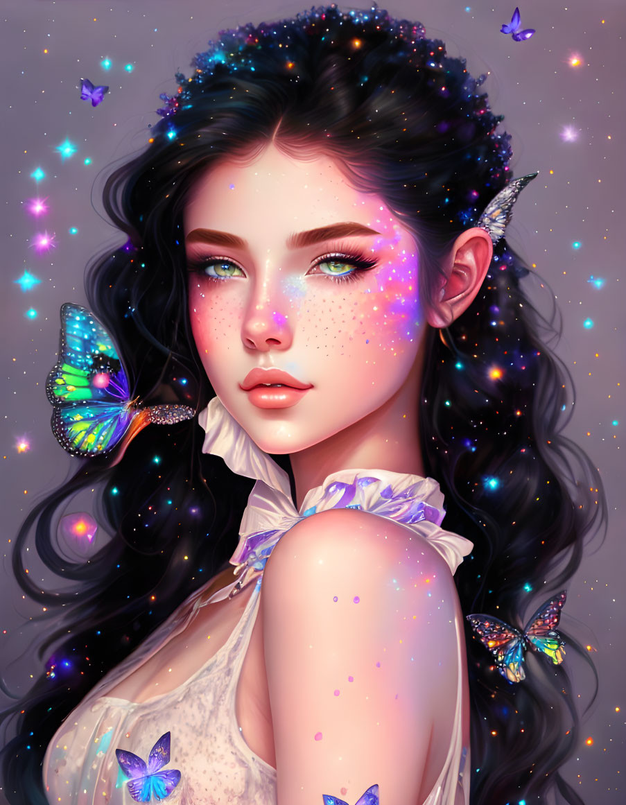 Fantasy digital artwork: Female character with star-speckled hair and elf ears surrounded by butterflies on