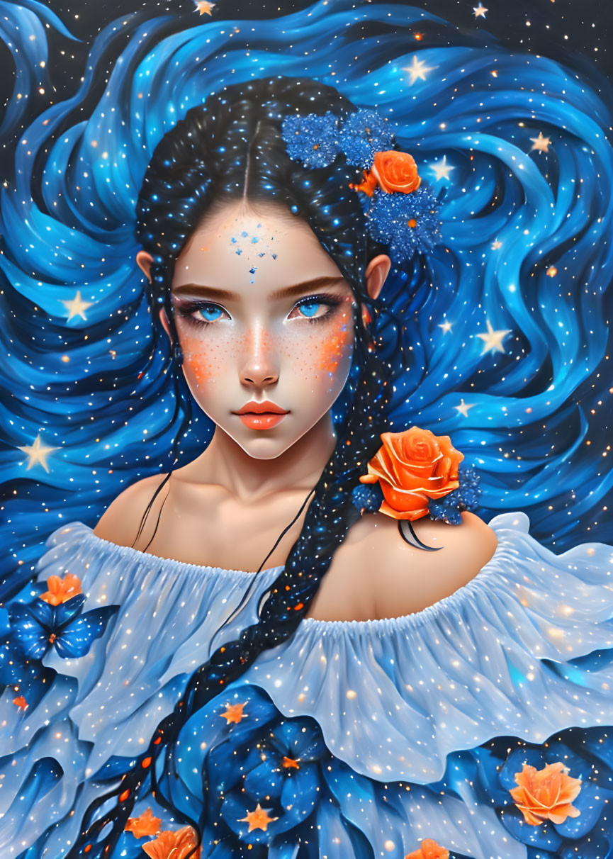 Young woman with blue hair and stars, orange roses, cosmic background.