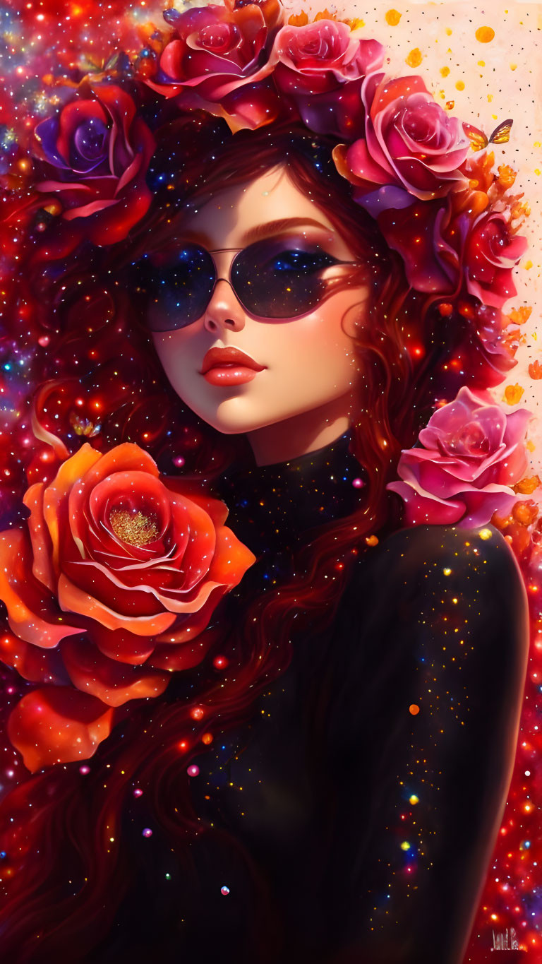 Stylized woman with red flowers and cosmos sunglasses on vibrant red background