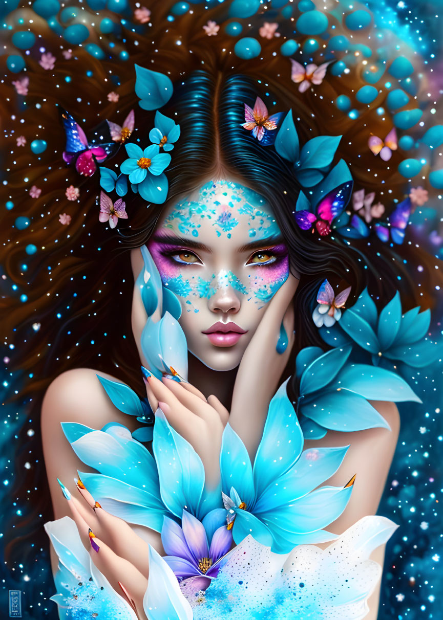 Fantastical woman with blue floral elements and butterflies in dark hair