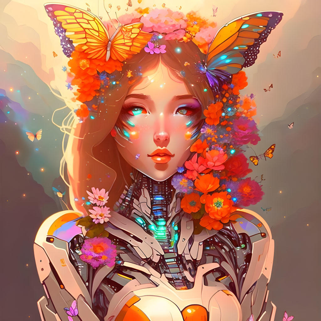 Digital illustration: Woman with cybernetic features, surrounded by butterflies and vibrant flowers