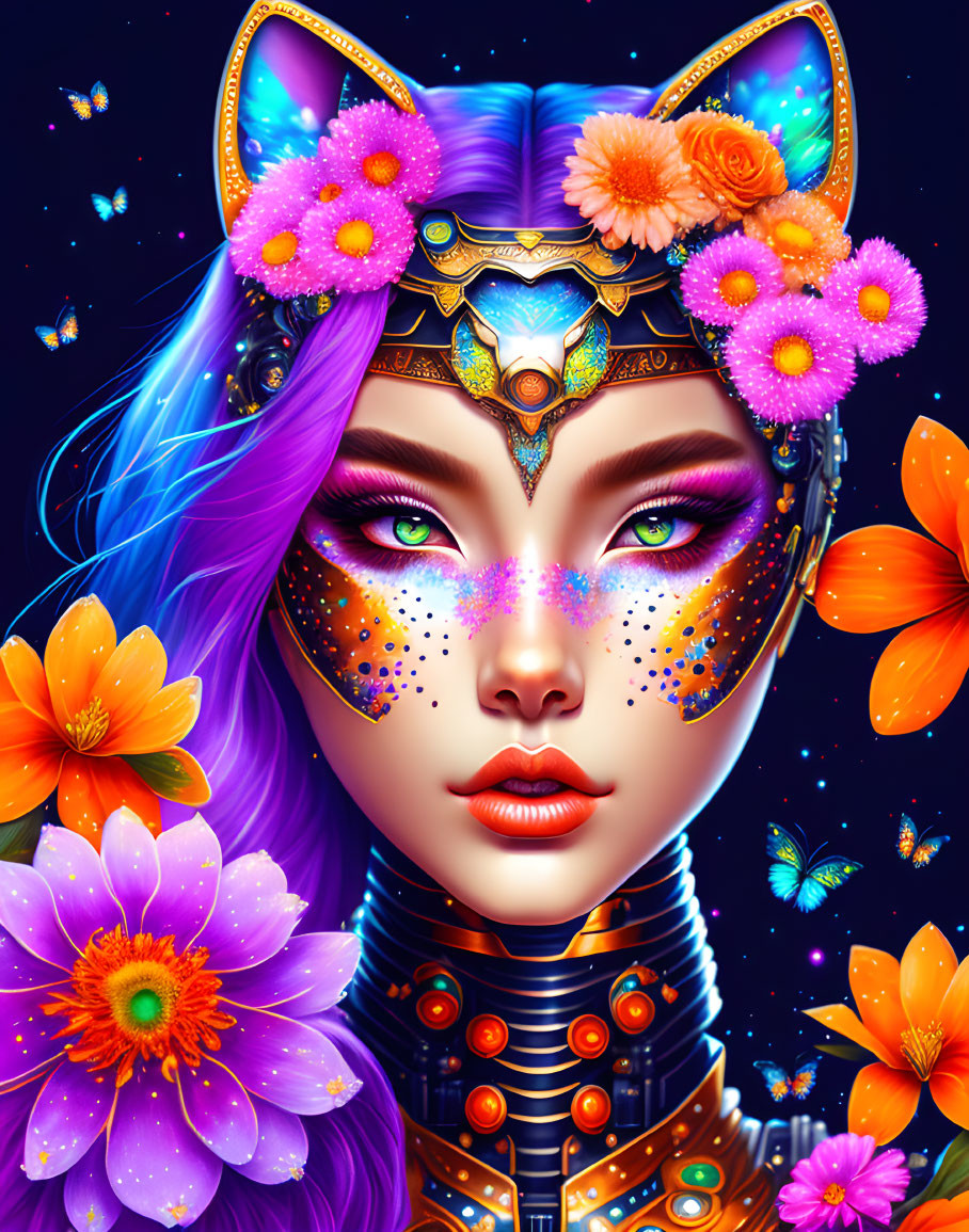 Colorful digital artwork: Female figure with cat-like features and floral adornments on starry background