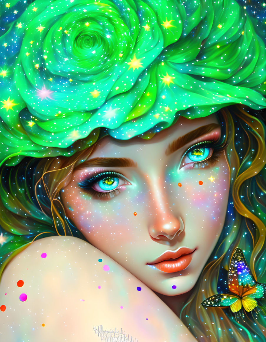 Illustration: Woman with green celestial hair, stars, blue eyes, and butterfly.