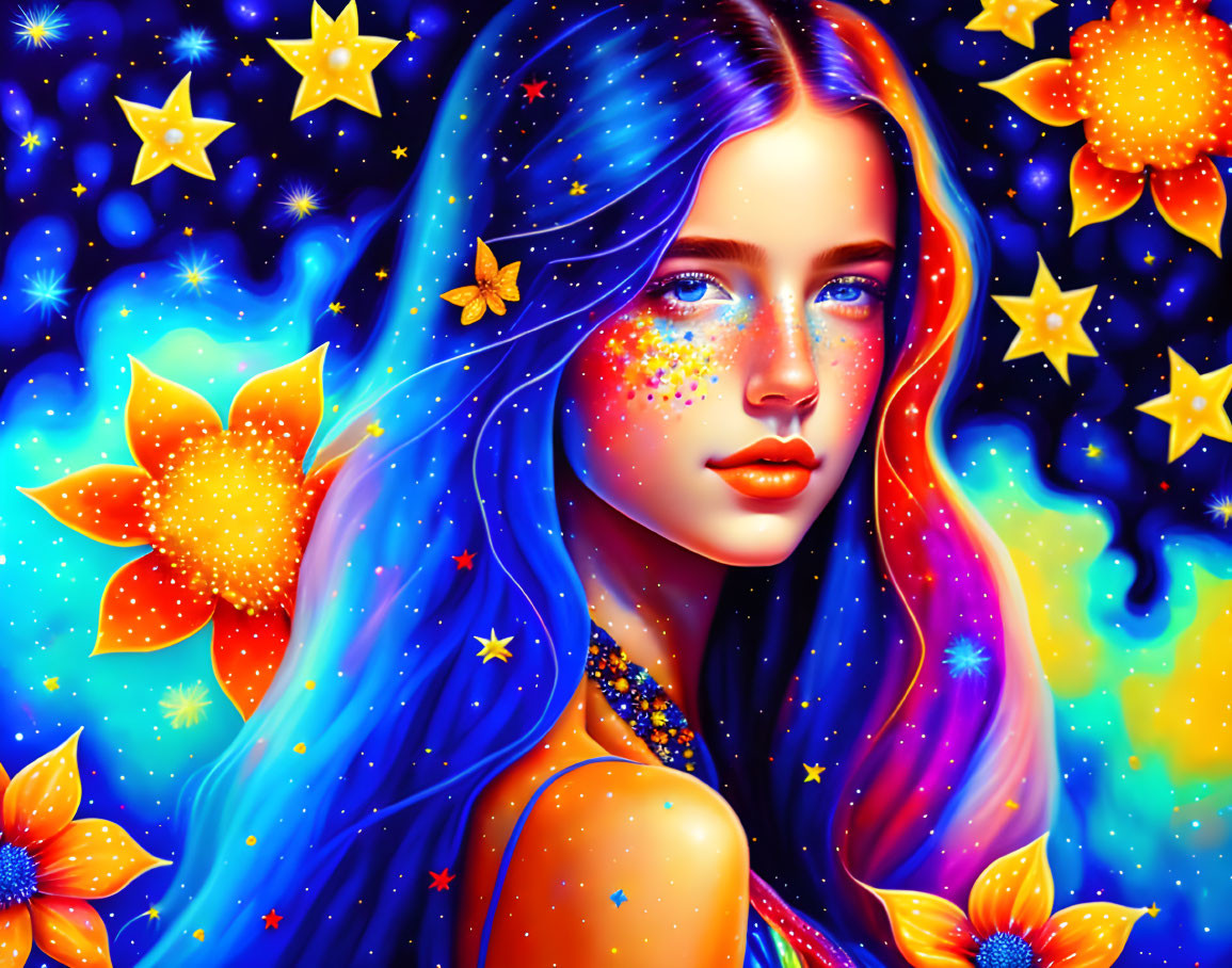 Vibrant digital artwork: Woman with blue hair, stars, flowers, cosmic background