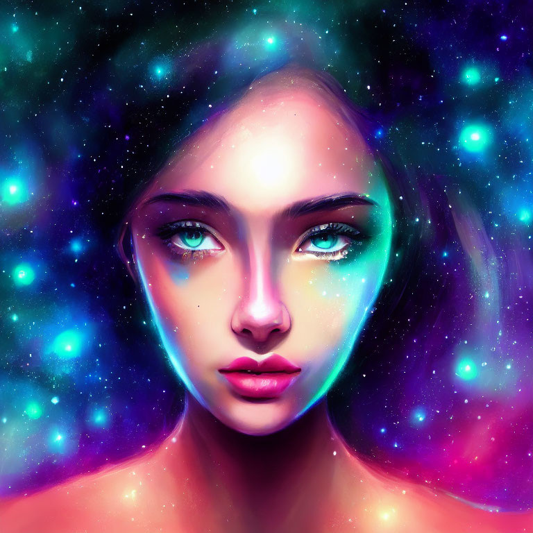 Vibrant cosmic digital portrait of a woman with starry effects