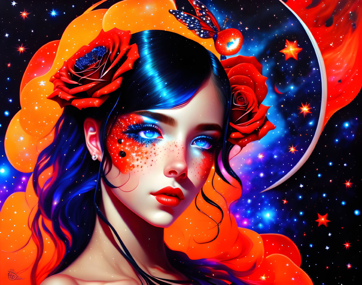 Colorful Woman with Blue Hair and Red Roses in Cosmic Setting