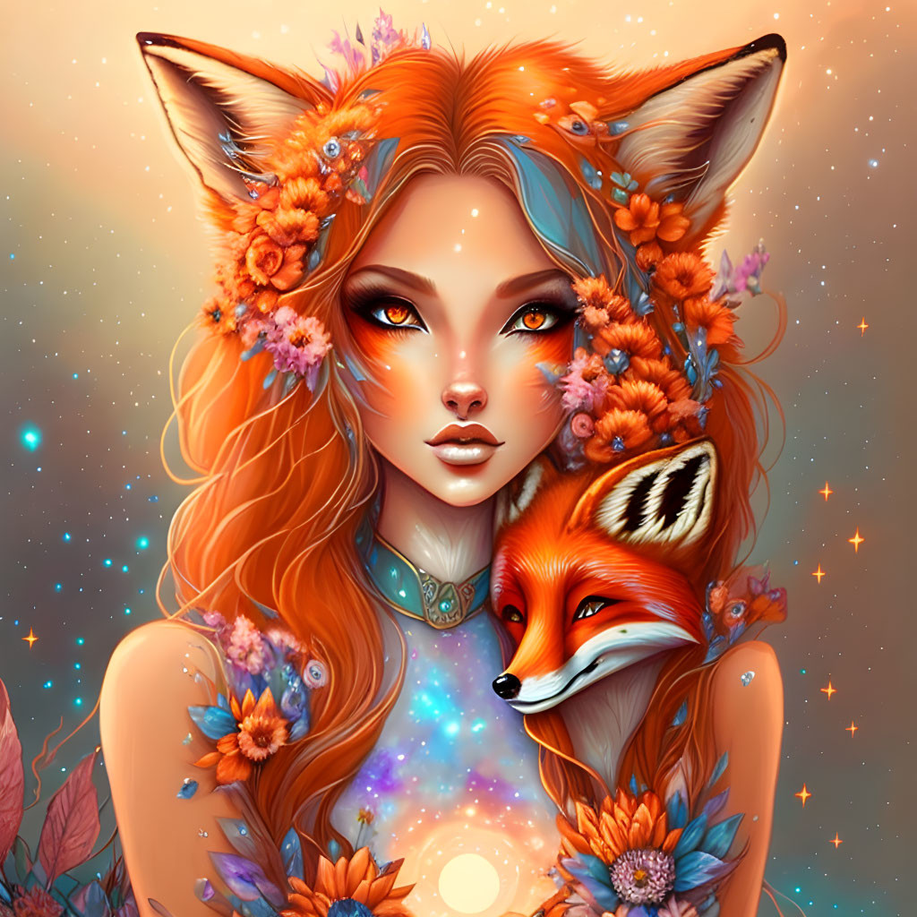 Fantasy illustration of woman with fox-like features and flowers, accompanied by small fox