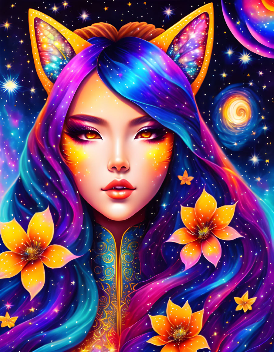 Illustration of woman with galaxy cat ears and starry hair in cosmic setting