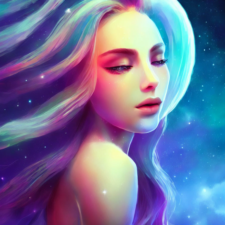 Colorful cosmic hair merges with starry nebula in digital artwork