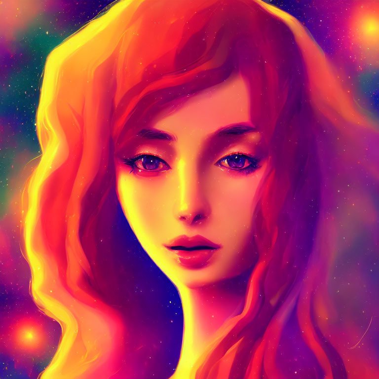 Vibrant digital portrait of a woman with red hair and blue eyes against cosmic backdrop