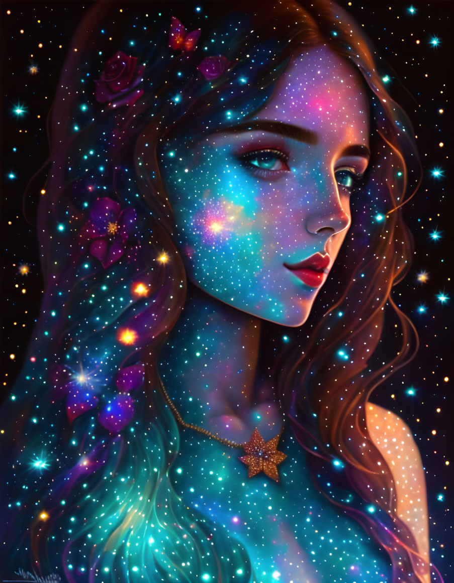 Digital artwork featuring woman with galaxy-themed skin and hair amidst stars and flowers on a starry night.