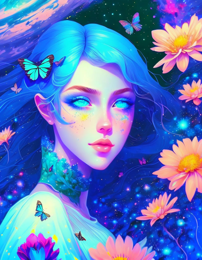 Colorful digital artwork: Woman with blue hair and starry skin among butterflies and flowers on cosmic background