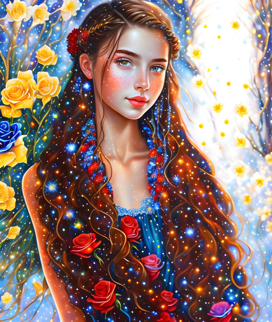 Colorful woman illustration with galaxy hair and floral backdrop