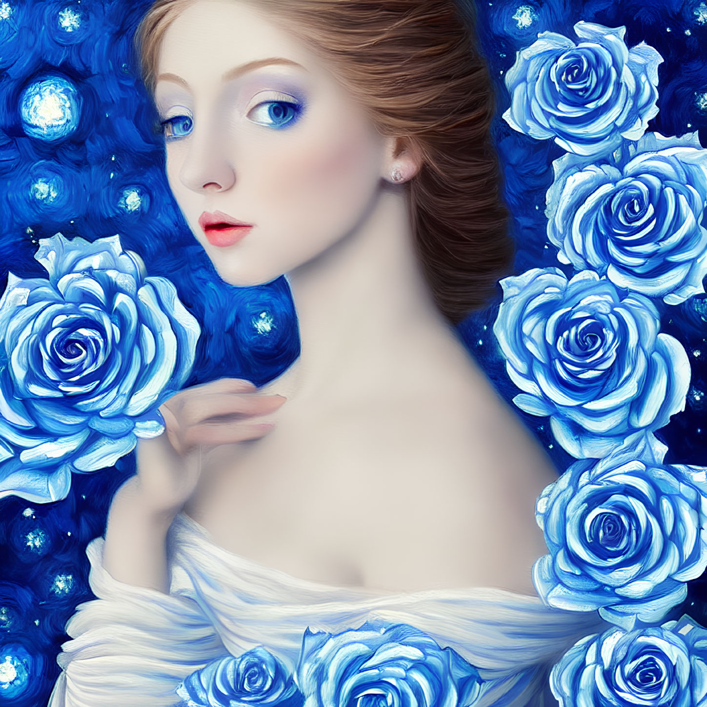 Pale-skinned woman with red lips surrounded by vibrant blue roses on deep blue background