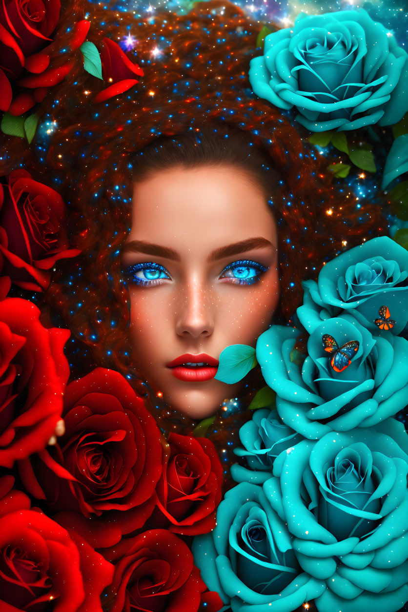 Digital artwork: Woman's face with red and blue roses, starry night hair.