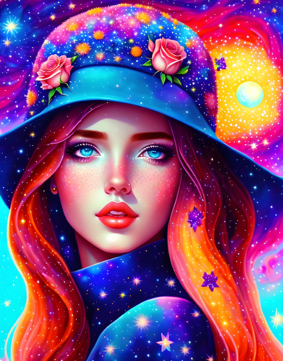 Colorful cosmic-themed woman with galaxy-patterned hat and roses in starry setting.