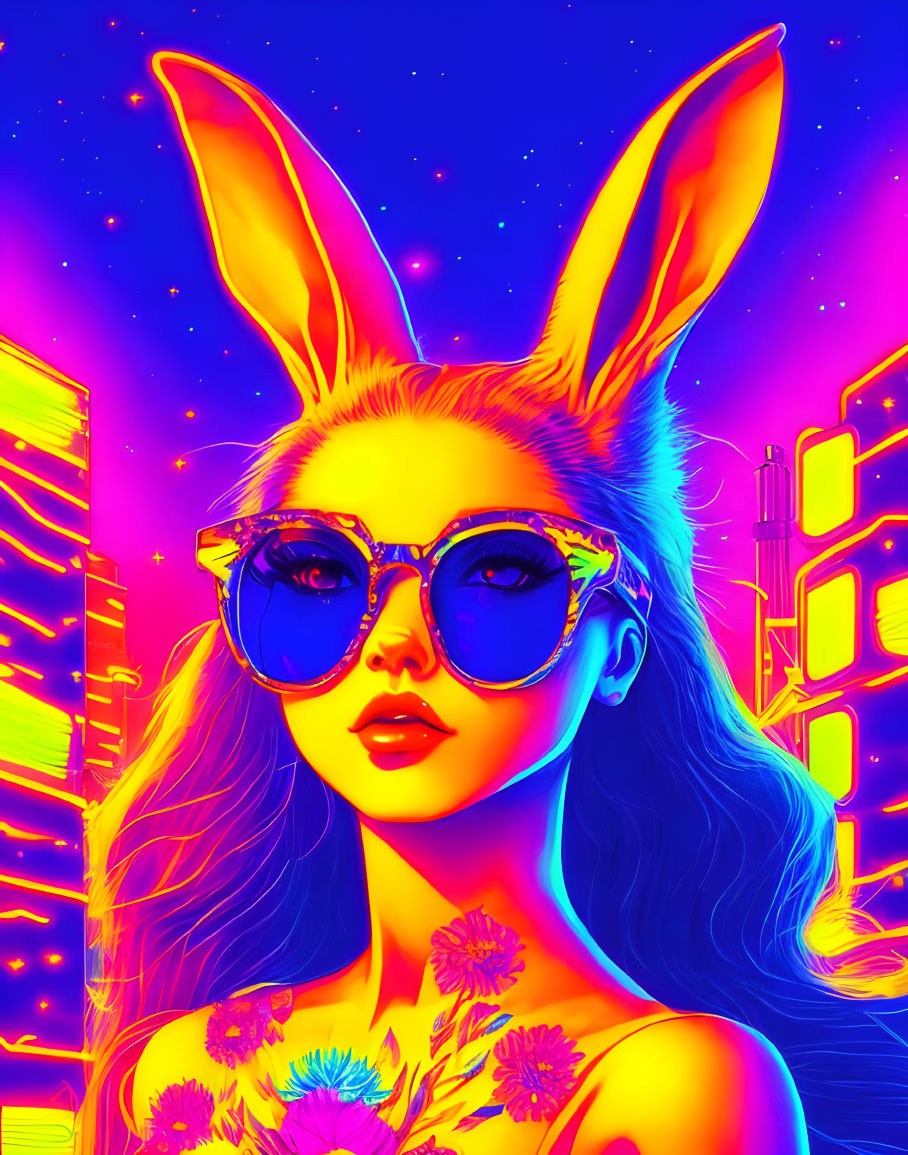 Neon portrait of woman with rabbit ears and sunglasses in cityscape.