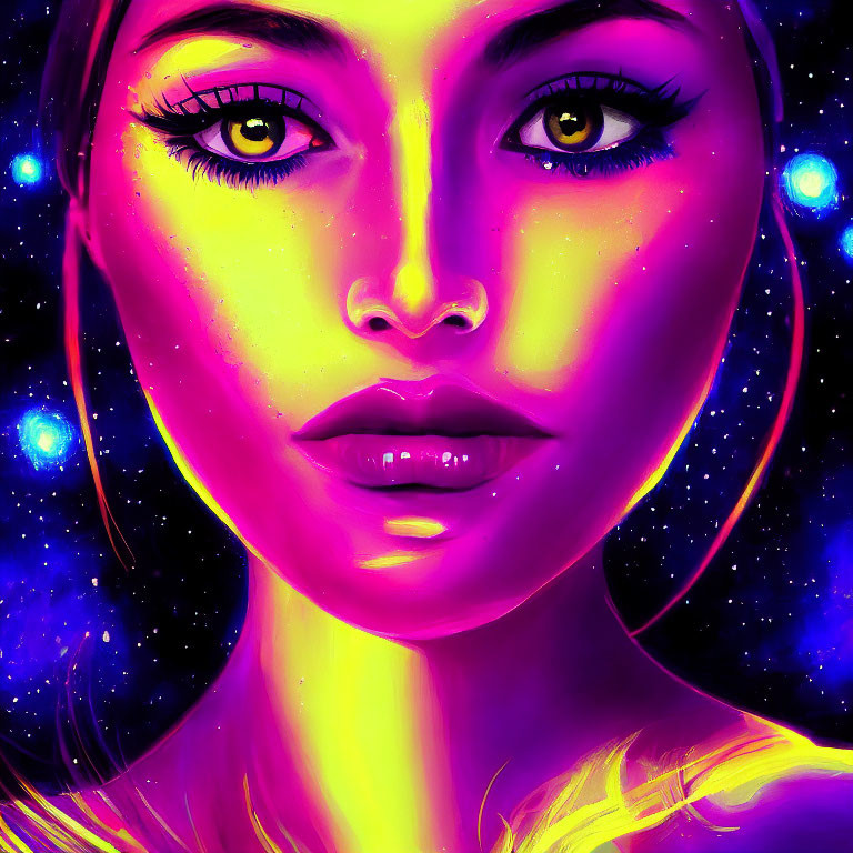 Colorful portrait of woman with glowing skin against cosmic background