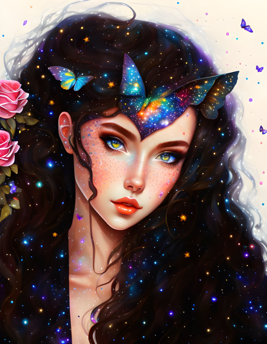 Woman with Galaxy-Themed Makeup and Butterfly Hair Clips in Starry Scene