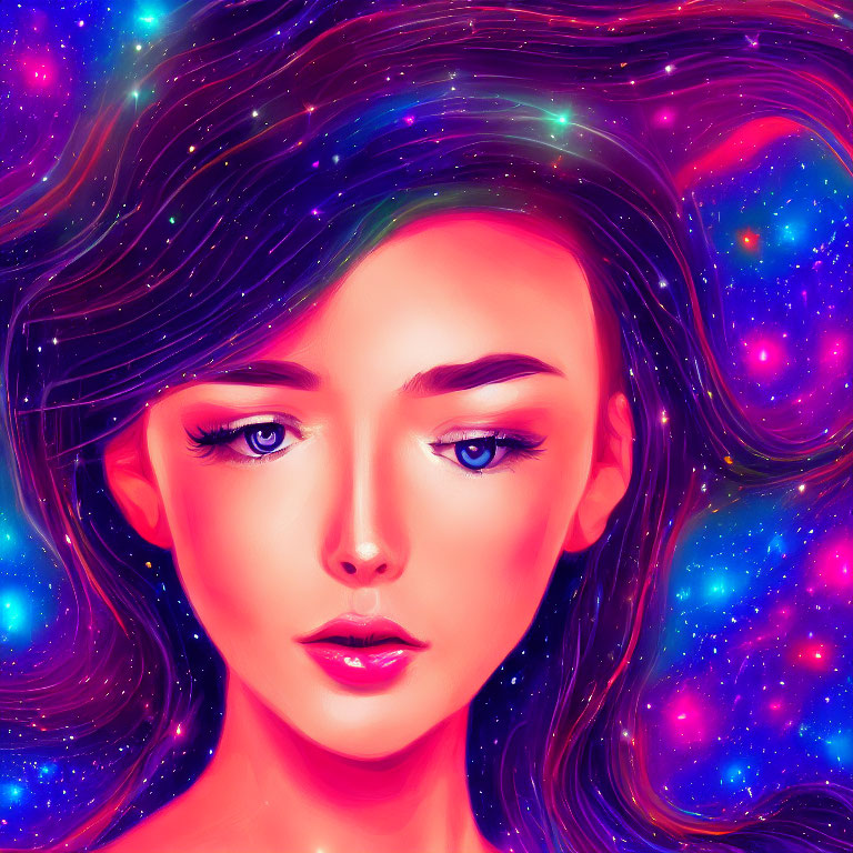 Vibrant digital portrait of a woman with galaxy-themed hair