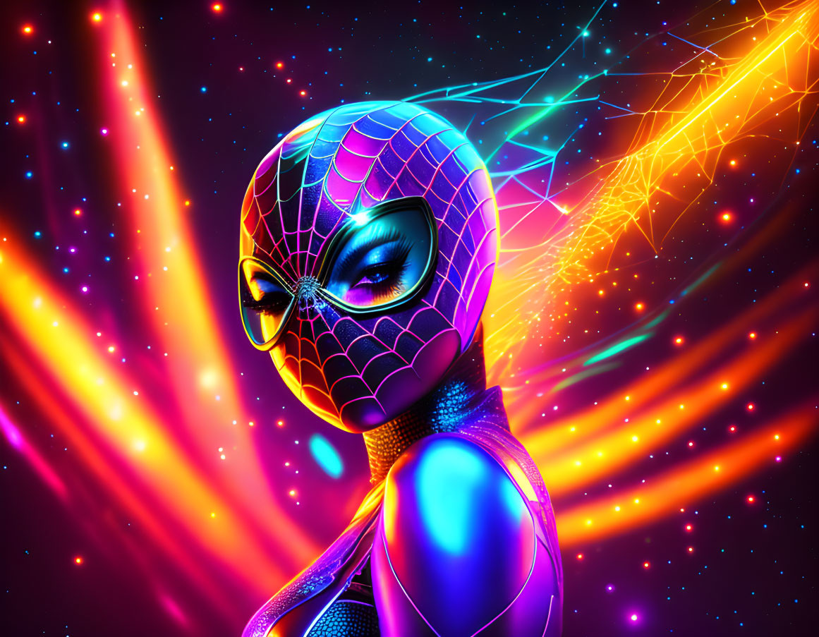 Colorful futuristic Spider-Man suit in vibrant digital artwork