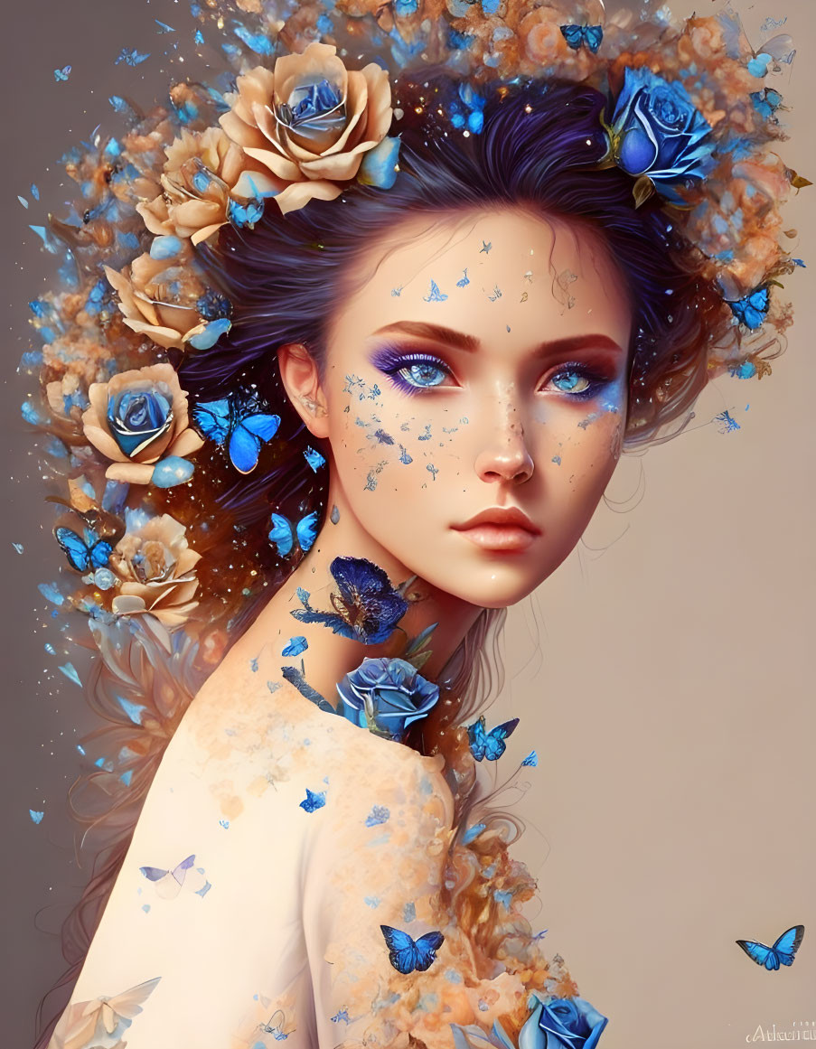 Digital artwork of woman with blue flowers, butterflies, and specks on beige backdrop