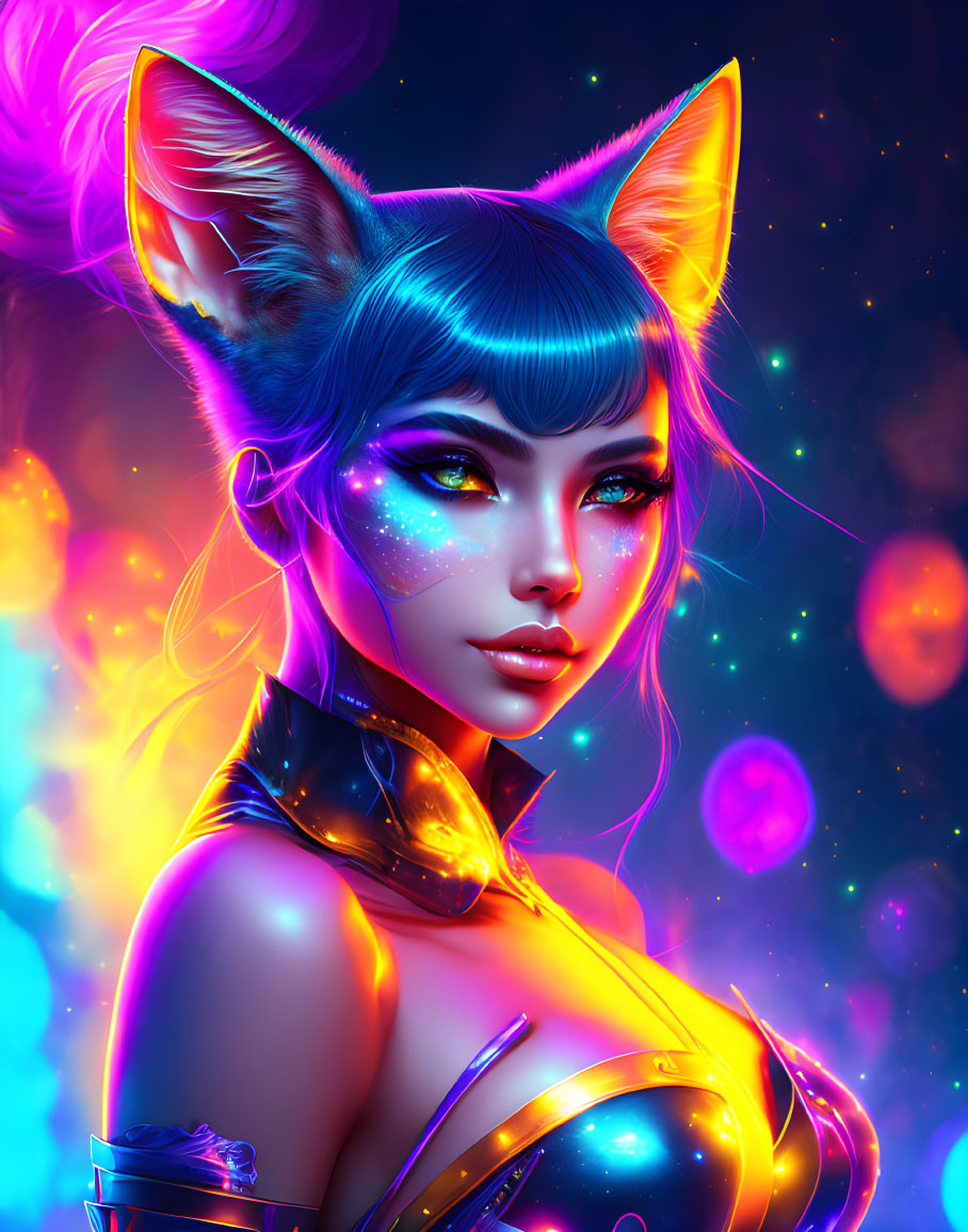 Colorful digital artwork: Female figure with feline ears, futuristic attire, and neon-lit background