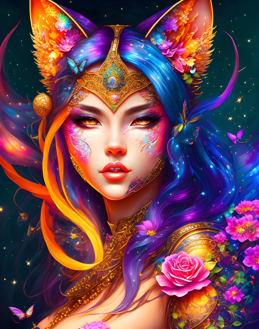 Multicolored hair woman with fox ears, ornate mask, butterflies, and flowers on dark background