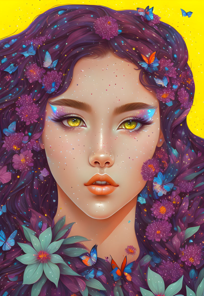 Digital artwork: Woman with purple hair, flowers, and butterflies on yellow background