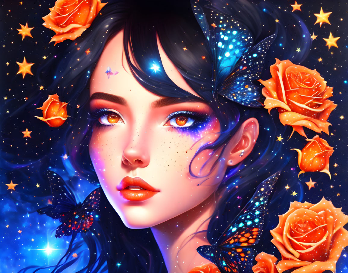 Woman's digital portrait with space, butterflies, and orange roses.