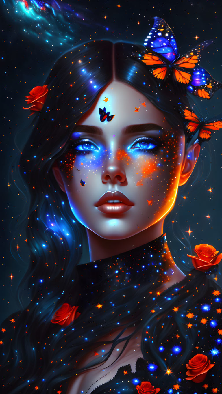 Digital Artwork: Woman with Space-Themed Skin and Cosmic Elements