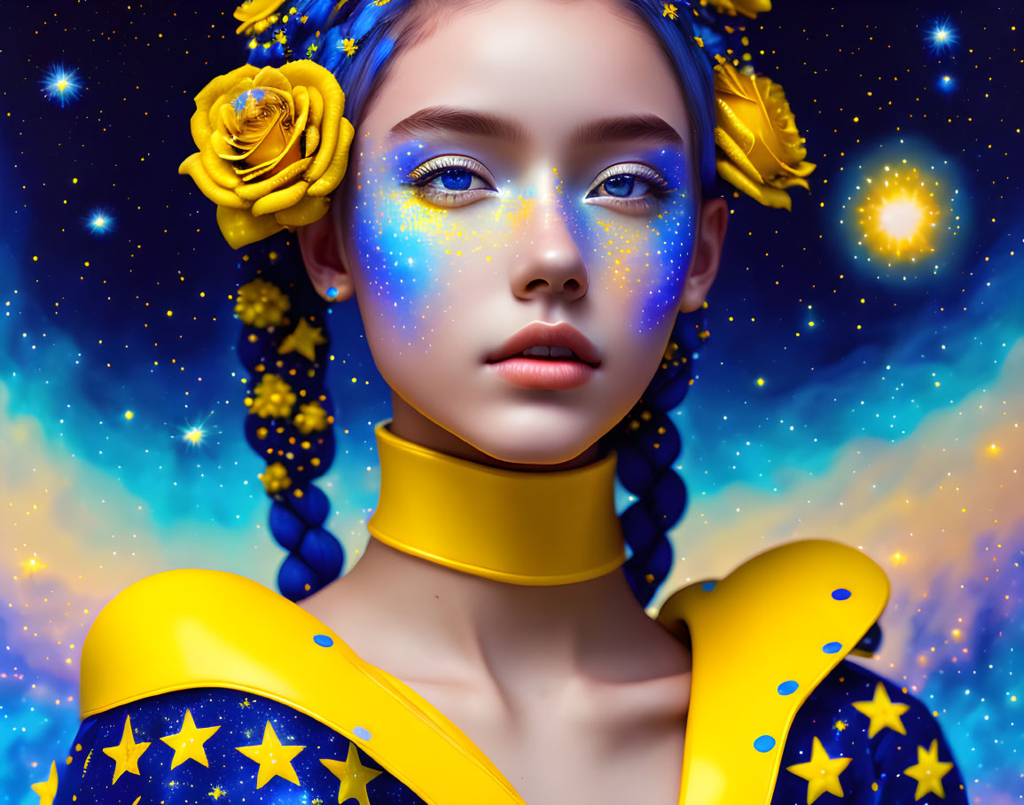 Cosmic-themed digital artwork of young woman with starry eyes and flower hair in vibrant starry setting