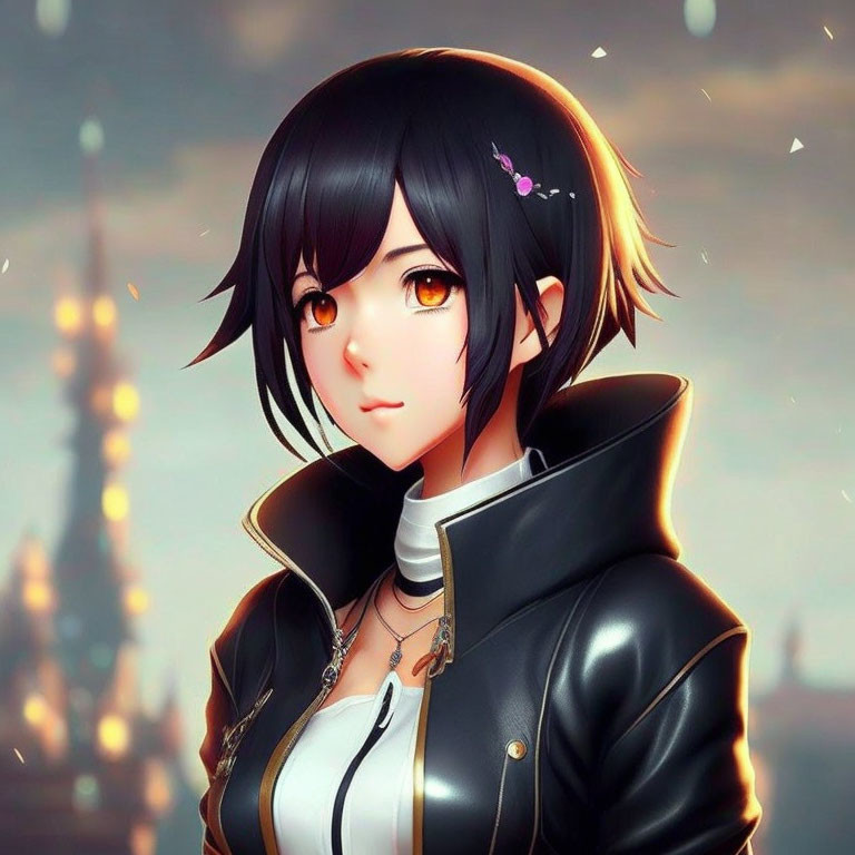 Animated female character with short black hair, amber eyes, and a small flower in her hair, wearing