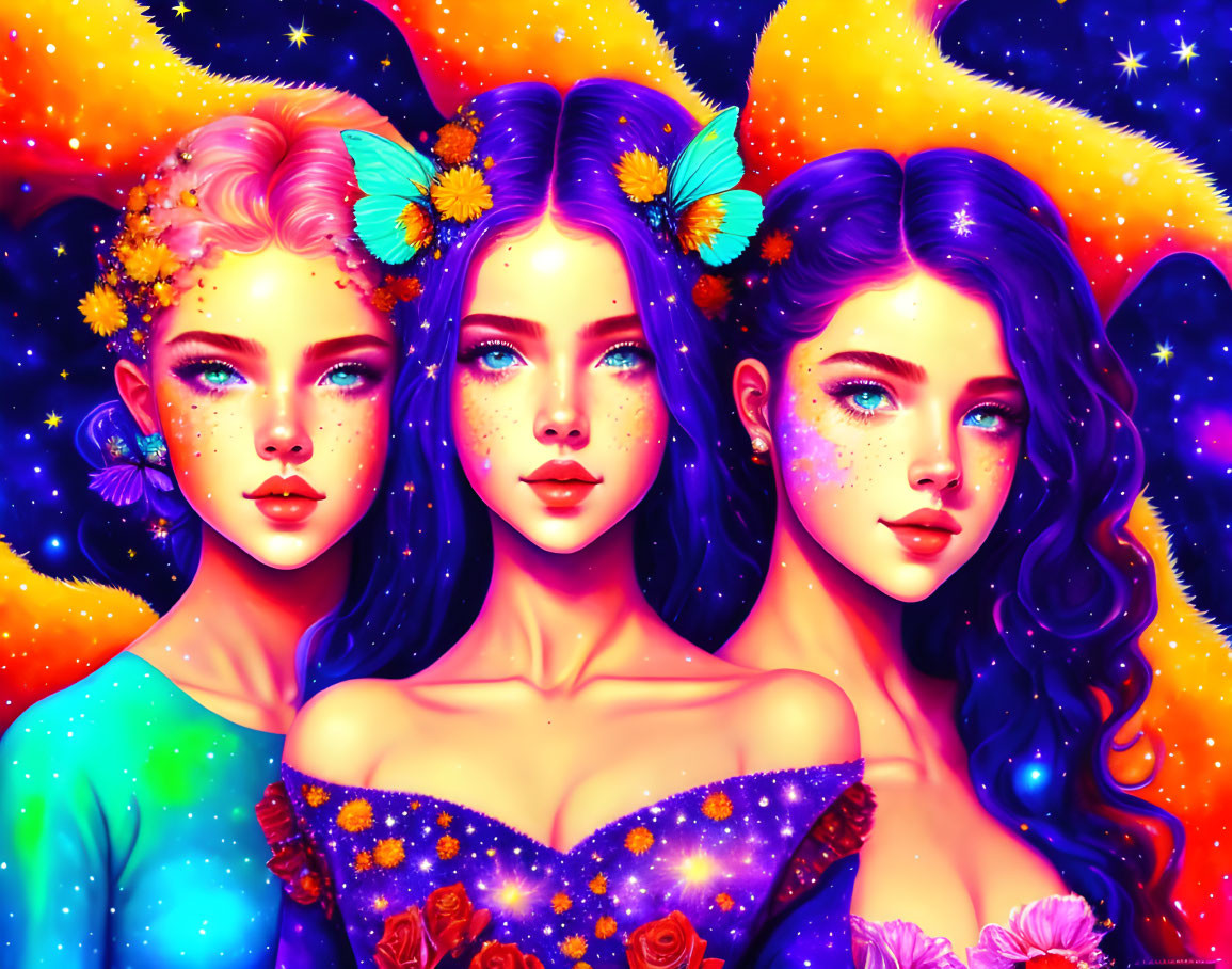 Vibrant multicolored female figures with floral adornments on cosmic background