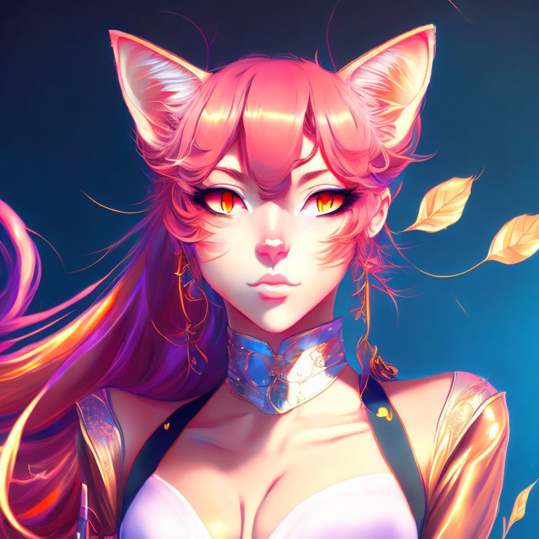 Feline character with golden eyes and auburn hair wearing gold accessories