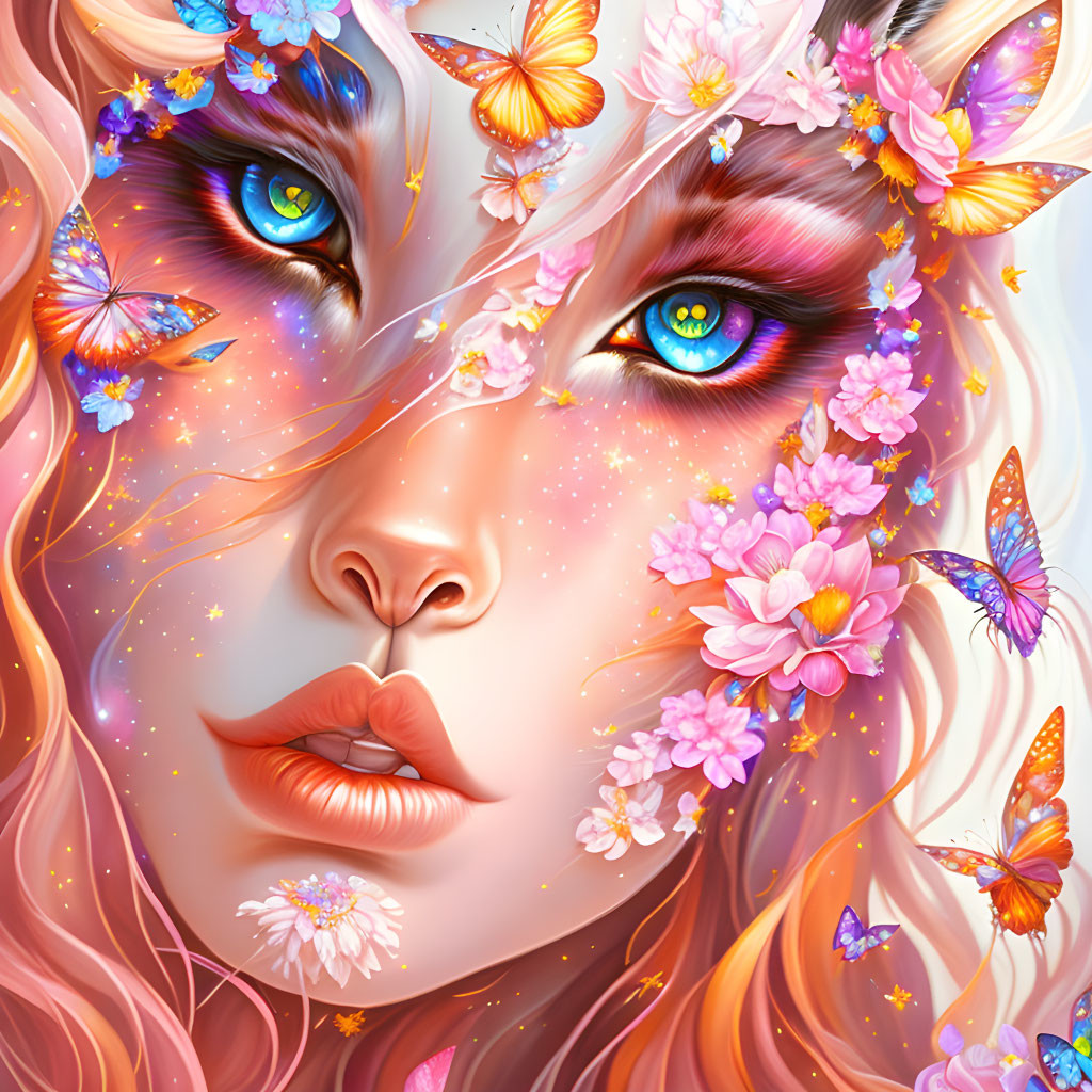 Fantastical creature with blue eyes, flowers, and butterflies on pink fur