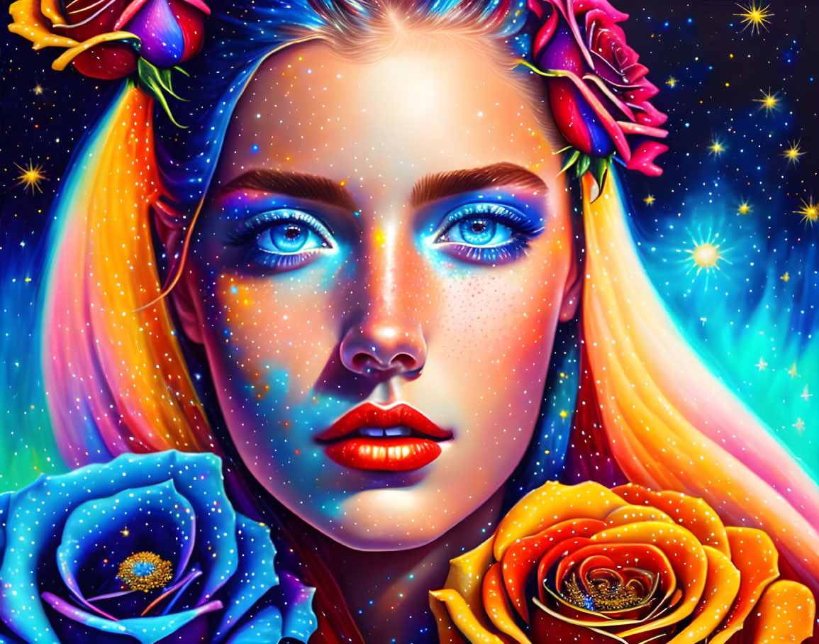 Colorful portrait of a woman with blue eyes and floral hair against cosmic backdrop