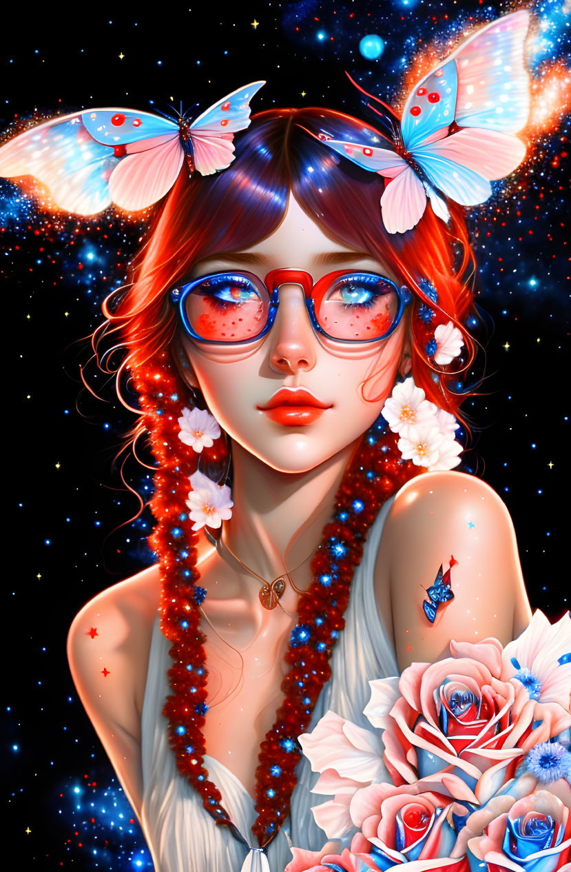 Vibrant red-haired woman with pink glasses and butterfly accessories in digital art