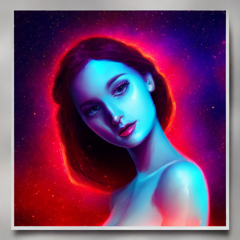 Vibrant digital portrait of a woman with cosmic background in purple, blue, and red tones