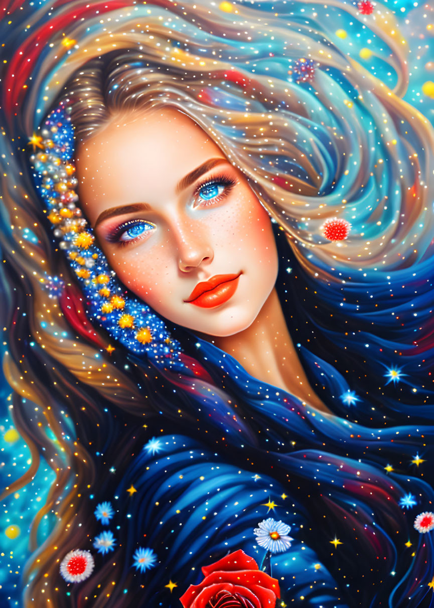 Digital artwork: Woman with flowing hair like starry night sky and vibrant colors, featuring galaxies, floral