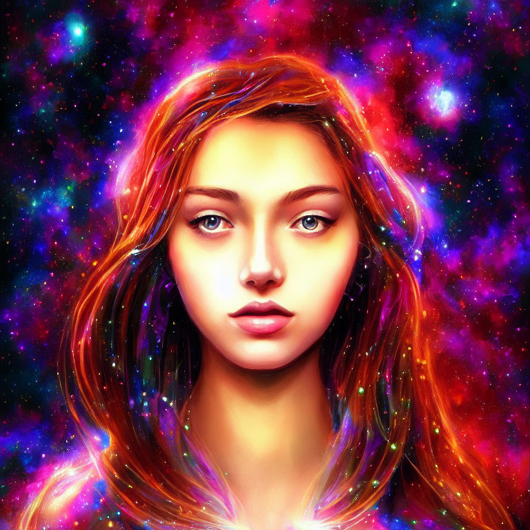 Colorful cosmic-themed digital portrait of a woman with nebula and stars in her hair