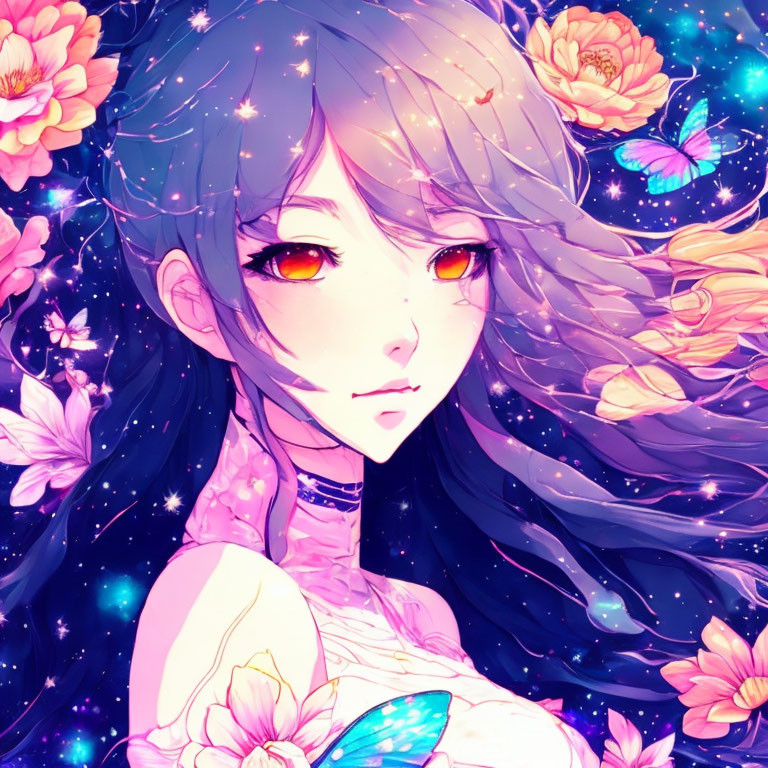 Illustration of girl with long, wavy hair in cosmic setting