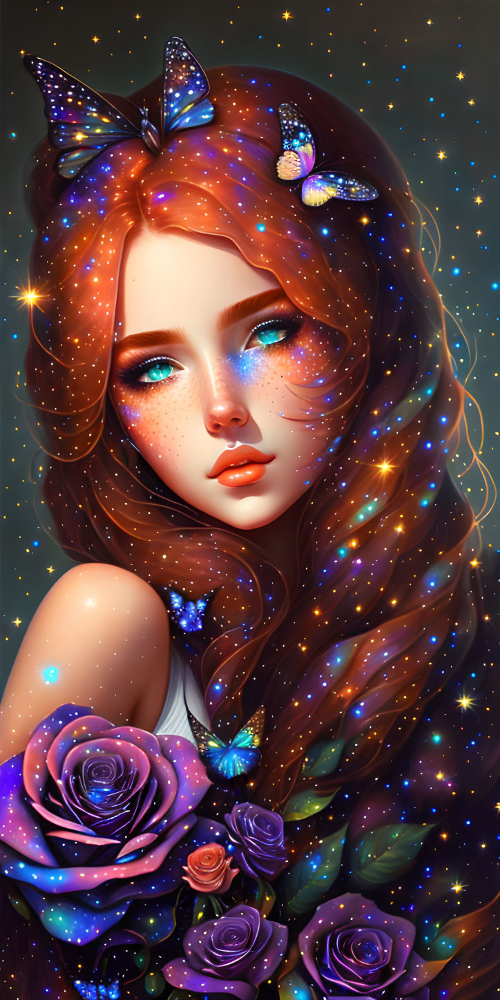 Digital artwork: Woman with galaxy hair, butterflies, and roses